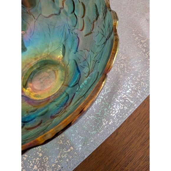 Indiana Carnival Glass Madeira Round Raised Fruit/Punch Bowl Iridescent Teal VTG - Picture 9 of 12